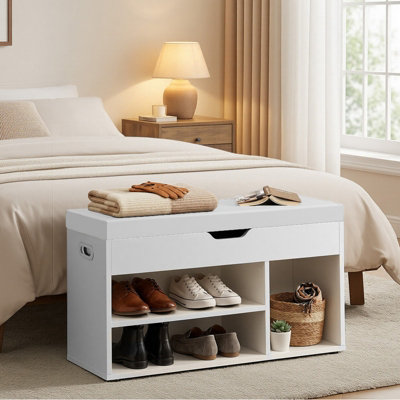 LEDREM Entryway Storage Bench With ShelvesPadded Seat Shoe OrganizerHidden CompartmentsBedroom Living RoomWhite from B&Q