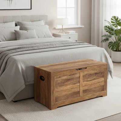 LEDREM Vasagle Storage ChestStorage BenchBlanket Box With 2 Safety HingesShoe Storage BenchFarmhouse StyleBrown