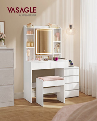 LEDREM Dressing Table With Led Lights And Power OutletsModern Makeup DeskVanity Table With MirrorDrawersAdjustable Shelves from B&Q