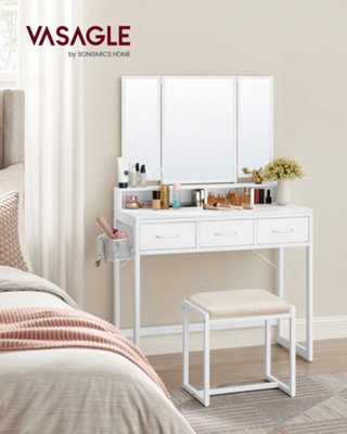LEDREM Dressing Table With Padded StoolVanity Table With Triple Mirror3 DrawersHair Dryer HolderCosmeticModern StyleWhite from B&Q