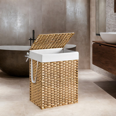 LEDREM Laundry Basket90L Synthetic Rattan Storage Basket With Lid And HandlesWickerFoldableRemovable LinersFor Blankets