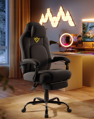 LEDREM Gaming ChairErgonomic Computer Chair With FootrestVideo Game Chair With HeadrestCotton-Linen FabricInk Black from B&Q