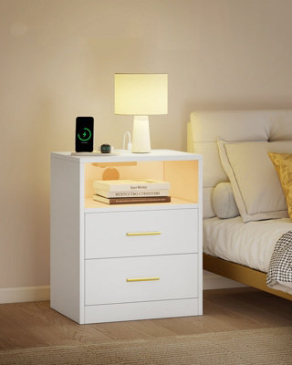 LEDREM Bedside Table With Charging StationLed LightsModern Side End Table With DrawersOpen ShelfCloud White from B&Q