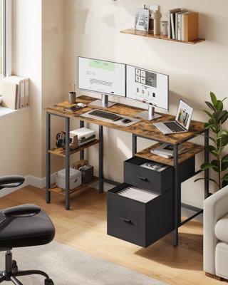 LEDREM Home Office Work DeskComputer Desk With 3 Shelves2 Drawers127 X 50 X 76 CmFor BedroomRustic Brown And Black from B&Q