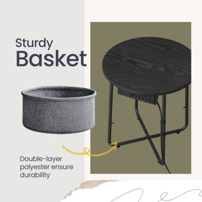 LEDREM Round Side End Table With Fabric Basket And Power OutletsBlack And Grey from B&Q