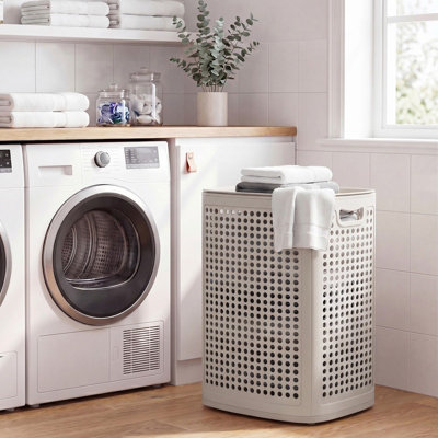 Ledrem Laundry Basket With LidSlim Plastic Laundry Hamper75 LFor BathroomBedroomBeige