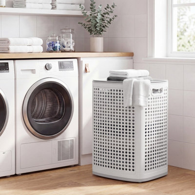 Ledrem Laundry Basket With LidSlim Plastic Laundry Hamper75 LFor BathroomBedroomWhite And Grey