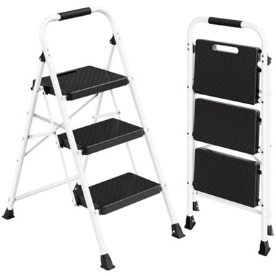 Songmics 3-Step Folding Ladder, Steel Step Stool With Anti-Slip Feet, 114 X 45.5 X 7.5 Cm, White