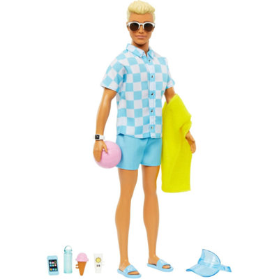 Barbie Blonde Ken Beach Doll with Blue Button Down and Swim Trunks Visor Towel - Image 4