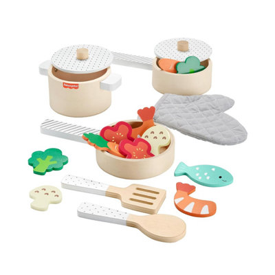 Fisher-Price Wood Kitchen Pretend Play Toy Pots & Pans Set19-Piece Playset WoodenMetal & Fabric For Preschool Kids Ages 3+ from B&Q