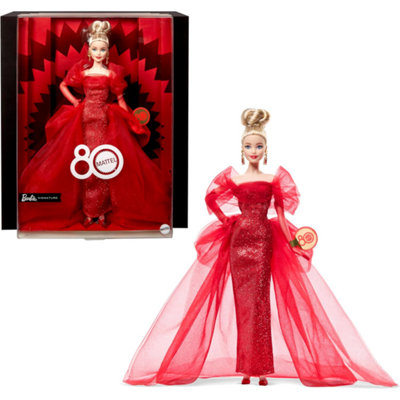 Barbie Signature Doll, Mattel 80th Anniversary Collectible in Glittery Red Tulle Gown with Drop Earrings and Sheer Gloves, Blonde Hair, JBJ17 - Image 4