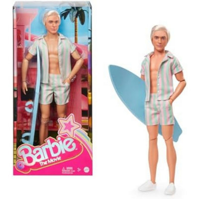 Barbie The Movie Ken Doll Wearing Pastel Pink and Green Striped Beach Matching - Image 4