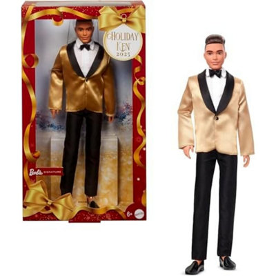 Barbie Signature 2025 Holiday Light Brown Hair Ken Collectible Fashion Doll Wearing Full Suit With Golden Jacket In Displayable Packaging & Doll Stan - Image 4