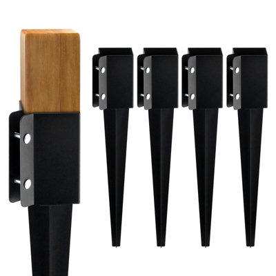 B&Q -  Fence Post Anchor Ground Spike4 Pack 24X4X4 Inches Outer DiameterMetal Black Powder Coated Post Stake Ground