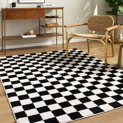 Livabliss Fossay Shaggy-Washable Cream Black Modern High Pile Checkered Living Bedroom Rug 200 X 275 Cm Easy CareNon Shedding from B&Q