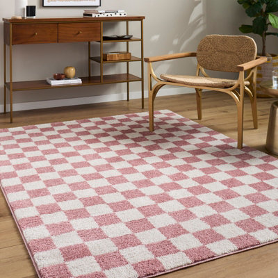 Livabliss Fossay Shaggy-Washable Pink Ivory Modern High Pile Checkered Living Bedroom Rug 200 X 275 Cm Easy CareNon Shedding from B&Q
