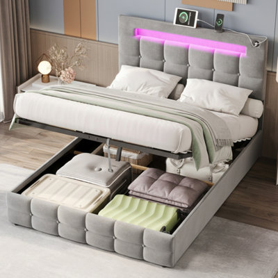 Btm Grey 4Ft6 Double Upholstered Hydraulic Storage Bed With Velvet Ottoman Led Lighting And Usb Charging No Mattress from B&Q