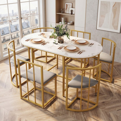 Btm 6 Chair Dining Table Set White Table Grey Upholstered Chairs Gold Iron Frame Modern Dining Room Table Chair Set from B&Q