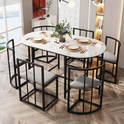 Btm 6 Chair Dining SetWhite TableGray Cushioned Chairs With BackrestsBlack Iron FrameModern Dining Room Combo from B&Q