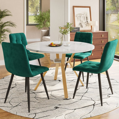 Btm 5 Piece Dining SetRound Marble Table With Gold Metal Legs  4 Ergonomic Velvet Green ChairsModern from B&Q