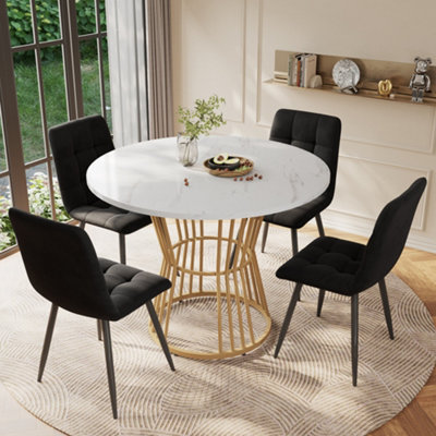 Btm 5 Piece Dining SetRound 100Cm Table With Gold Metal LegsWhite Mdf Top  4 Black Velvet Dining Chairs from B&Q