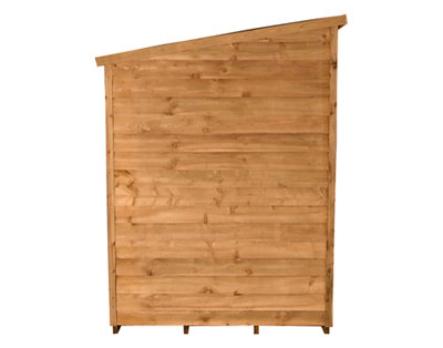 A timber shed with a pent roof that slopes in a single direction from the back of the shed to the front.