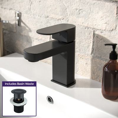 B&Q -  Cloakroom Mono Basin Sink Mixer Tap Matte Black Brass Faucet And Waste