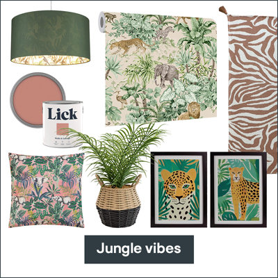 A Jungle-themed decor collage with a green jungle print lampshade, animal wallpaper, zebra-patterned rug, pink paint can, tropical pillow, potted plant, and framed cheetah art. Text reads 'Jungle vibes.