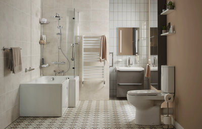 Modern accessible family bathroom in beige, featuring a walk-in shower bath, close-coupled rimless toilet, gloss anthracite wall cabinet and vanity unit, white towel radiator, and chrome accessories.