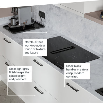 Kitchen featuring easily wipeable gloss cabinets, available in 6 contemporary colours. Kitchen doors can also be mixed and matched for a truly personal kitchen.