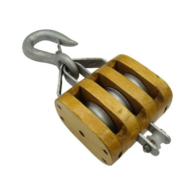 B&Q -  Treble Wood Block With Hook 0.5 Ton 3" (10mm Wire Rope Wooden)