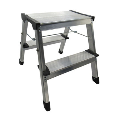 SecureFix Direct Aluminium Double 2 Step Stool 150Kg (Folding Non Slip Lightweight Ladder Portable)