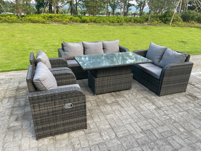 Fimous Rattan Outdoor Garden Furniture Lifting Adjustable Dining Coffee Table Love Sofa 3 Seater Sofa Reclining Chairs Dark/Grey