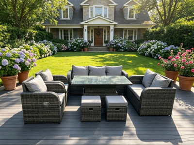 Fimous Rattan Outdoor Garden Furniture Lifting Adjustable Dining Or Coffee Table Love Sofa 3 Seater Sofa Recling Chairs