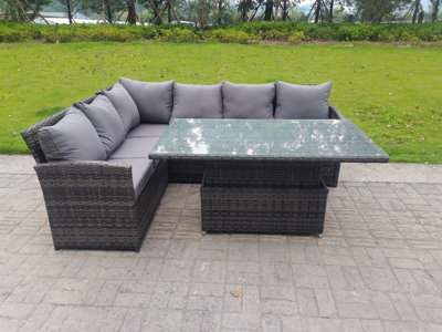 Fimous High Back Corner Rattan Garden Furniture 6 Seater Sofa Dining Rising Table Height Adjustable Table Grey