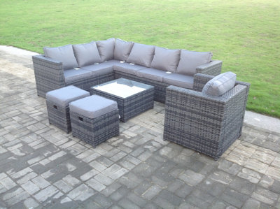 Fimous Dark Grey Mixed Rattan Garden Furniture Corner Sofa Set Square Coffee Table Chair Small Ootstools from B&Q
