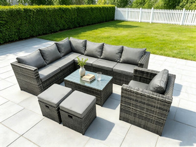 Fimous Mixed Rattan Garden Furniture Corner Sofa Set Oblong Coffee Table Chair Footstools Dark/Grey