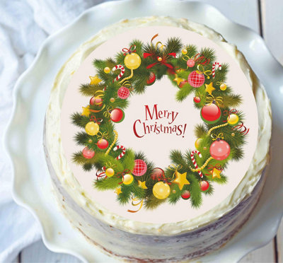 LarryRoo Christmas Cake Topper 8 Inch (20Cm) Merry Xmas Wreath DecorationEdible Icing Or Wafer (Edible Wafer) from B&Q