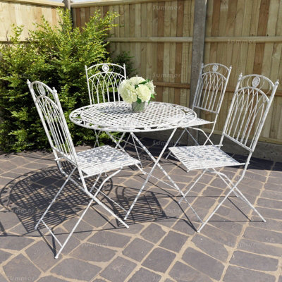 Fully Assembly Outdoor Vintage Dining Set4 Folding Chairs And Round TableOrnate Wrought Iron DesignWhite Antique Finish from B&Q