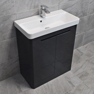 B&Q -  Vanity Unit 700mm Anthracite Grey Gloss 2 Door Ceramic Bathroom Sink Basin Ross