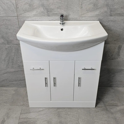 B&Q -  Bathroom Vanity Unit 850mm With Ceramic Basin Sink White Gloss Modern Storage