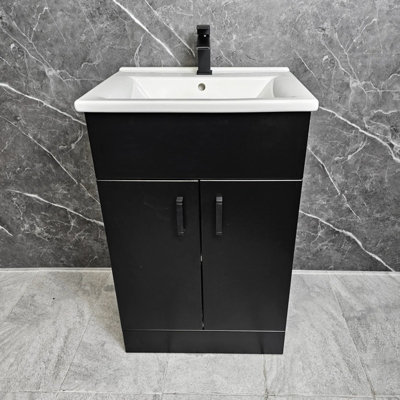 B&Q -  Tess 550mm Black Vanity Unit With Black Handles Square Style 2 Doors Inc Basin