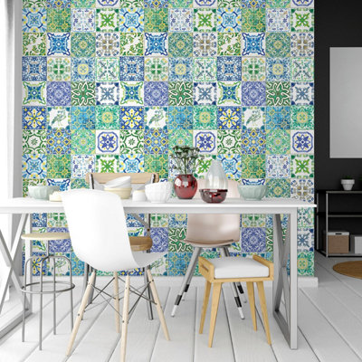 B&Q Walplus Vintage Peel And Stick Wall Tiles Sticker Adhesive Stick On Tiles For Backsplash 48Pcs 15X15cm Turquoise