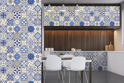 B&Q Walplus Anchor And Peel And Stick Wall Tiles Stickers - 48Pcs Self Adhesive Stick On Tiles For Kitchen - 15X15cm Blue/Grey