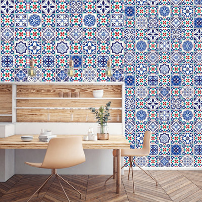 B&Q Walplus Vintage Peel And Stick Wall Tiles Stickers - 48Pcs Self Adhesive Stick On Tiles For Kitchen 15X15cm Cobalt/Blue