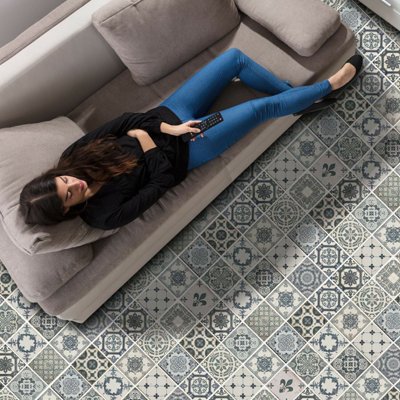 Walplus Vintage Blue Azulejo Tiles Self-Adhesive KitchenBathroomHome Floor Sticker from B&Q