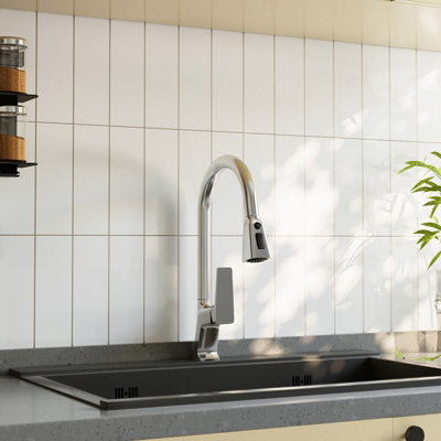 B&Q -  Brushed Silvery Stainless Steel Kitchen Faucet With Pull Out SprayerDeck Mount
