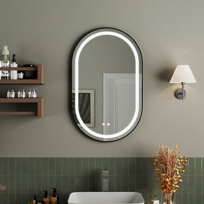Thehotsale 80Cm H Wall Mounted Oval Led Bathroom Mirror With Adjustable Brightness Colour Light Black Frame Mirror from B&Q
