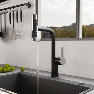 Darphe Black & Chrome Pull-Out Sprayer Retractable Kitchen Faucet With 5 Modes And Swivel Spout from B&Q