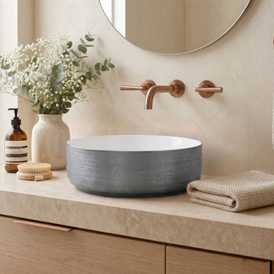 Darphe Silver Gloss Round Bathroom Ceramic Countertop Washbasin Vessel Sink from B&Q